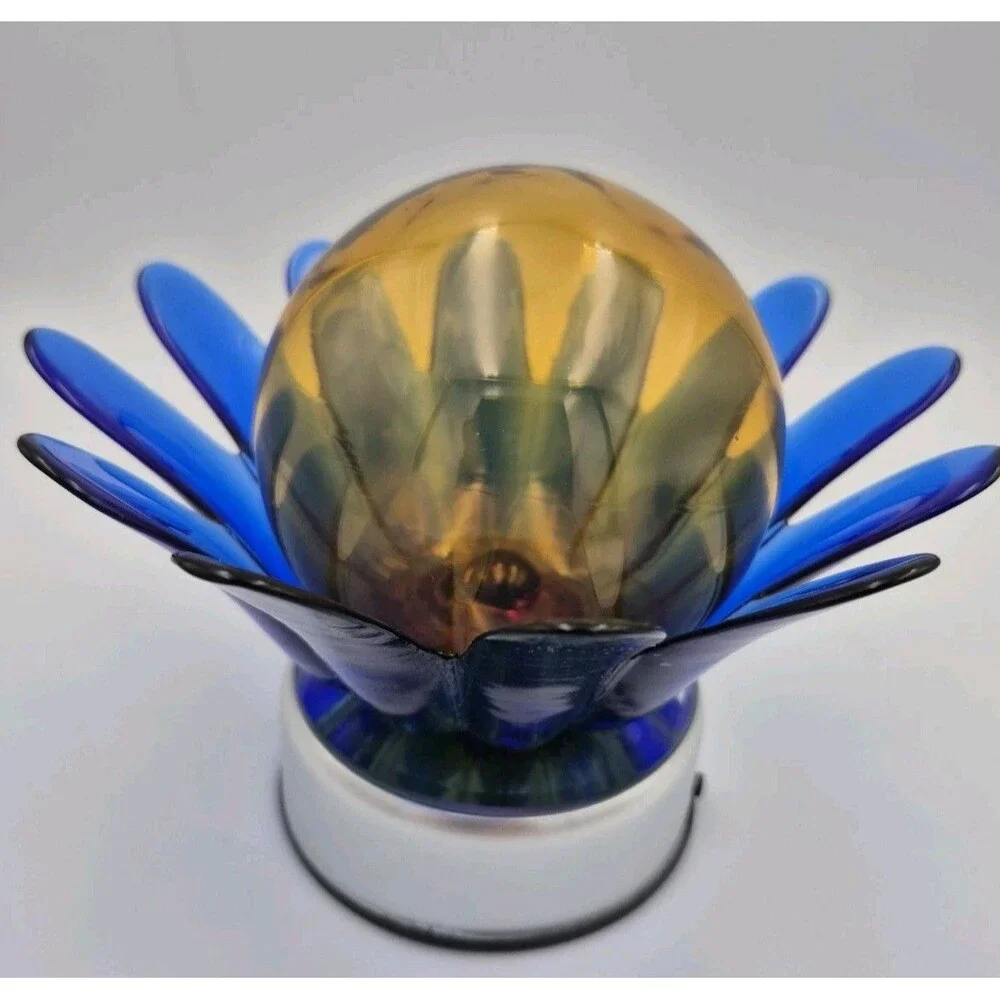 Cobalt Blue Heavy Art Glass Lotus Unique Candle Holder Vintage/ Amber Globe